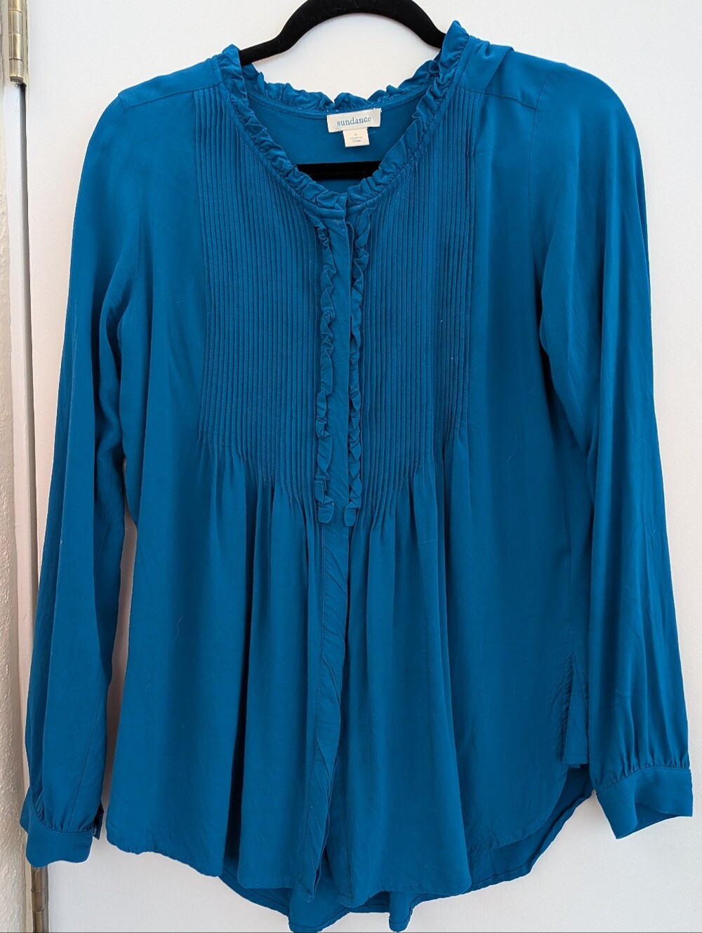 Sundance Turquoise Pintuck Ruffle Long Sleeve Blouse Rayon Siz Small Beautiful